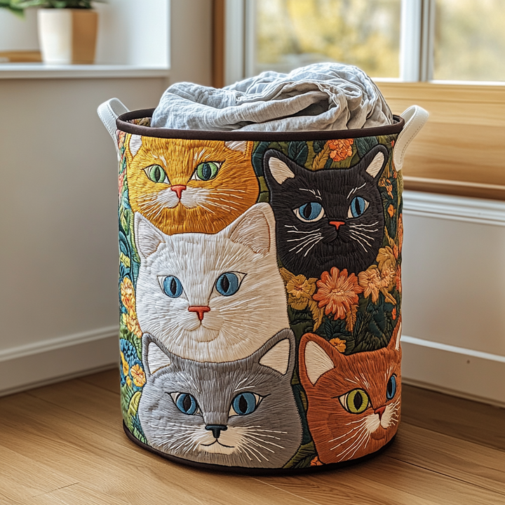 Quilted laundry basket with cats and flowers by Louise London