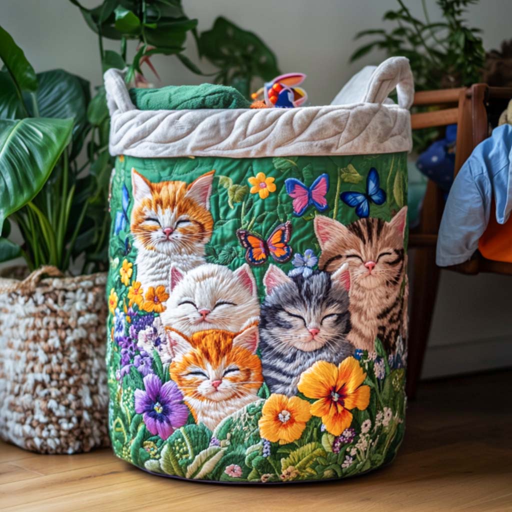 Quilted laundry basket with cosy cat by Louise London
