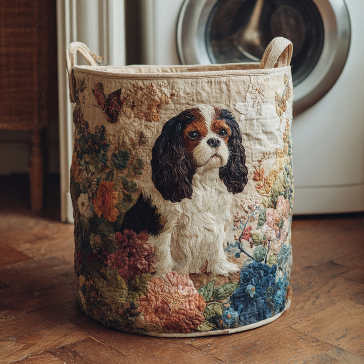 Quilted laundry basket with Cavalier King Charles and flowers by Louise London