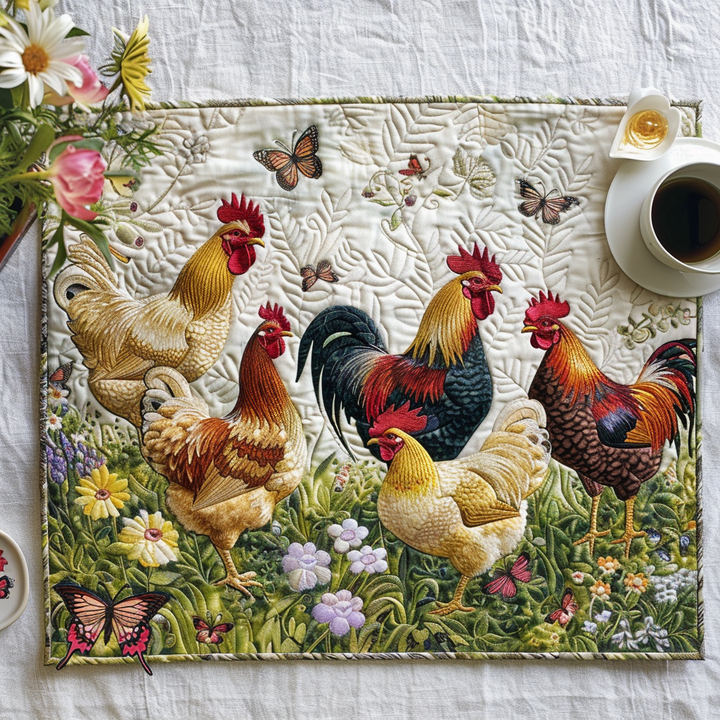 Quilted Placemat with Charming Chickens and Flowers by Louise London