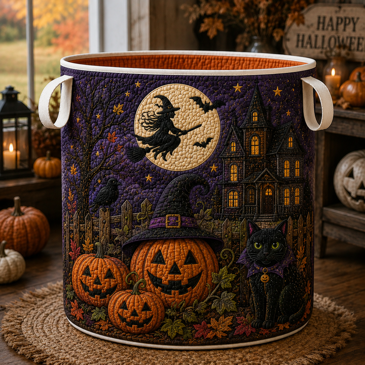 Quilted Laundry Basket – Witch, Pumpkins and Black Cat