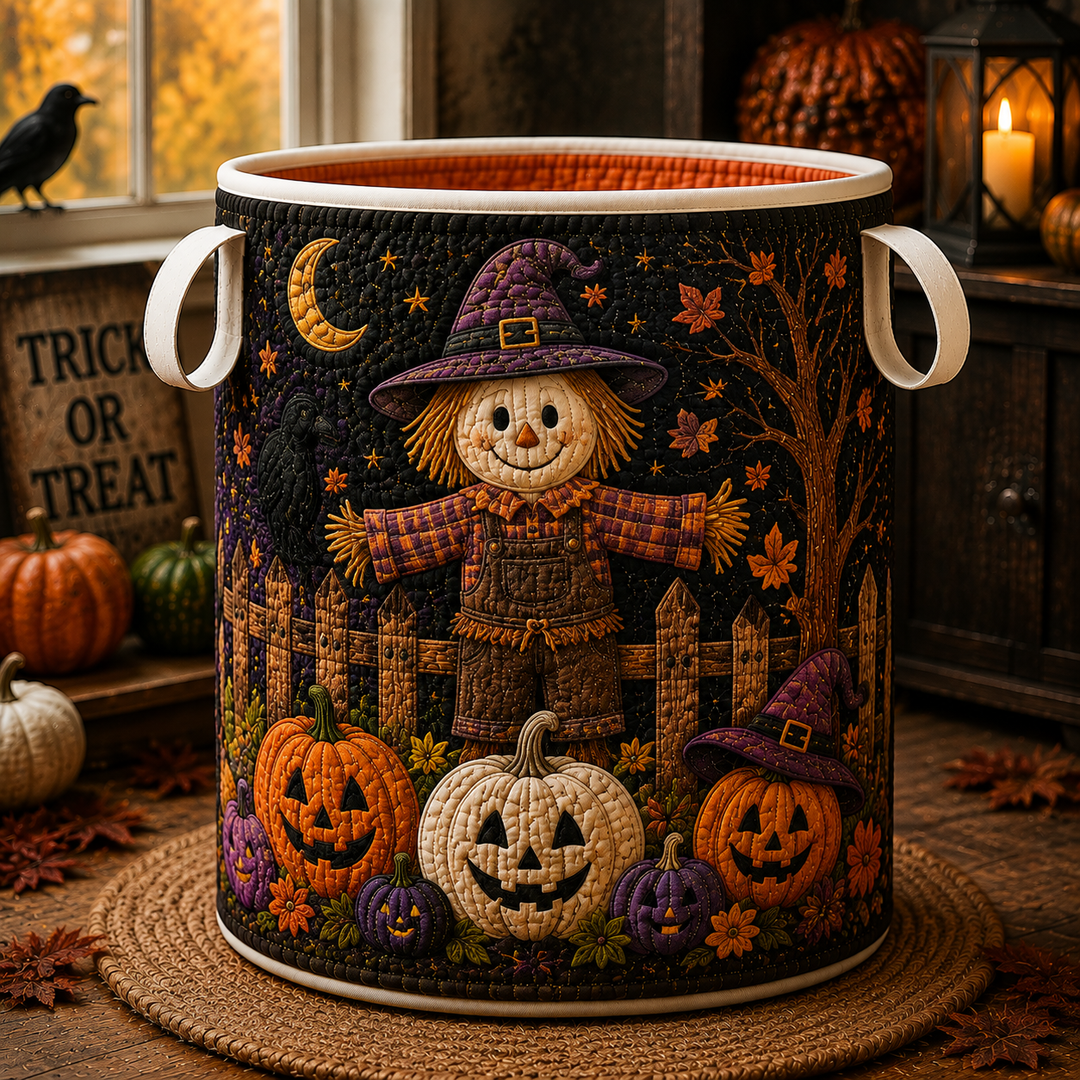 Quilted Laundry Basket – Scarecrow and Pumpkins