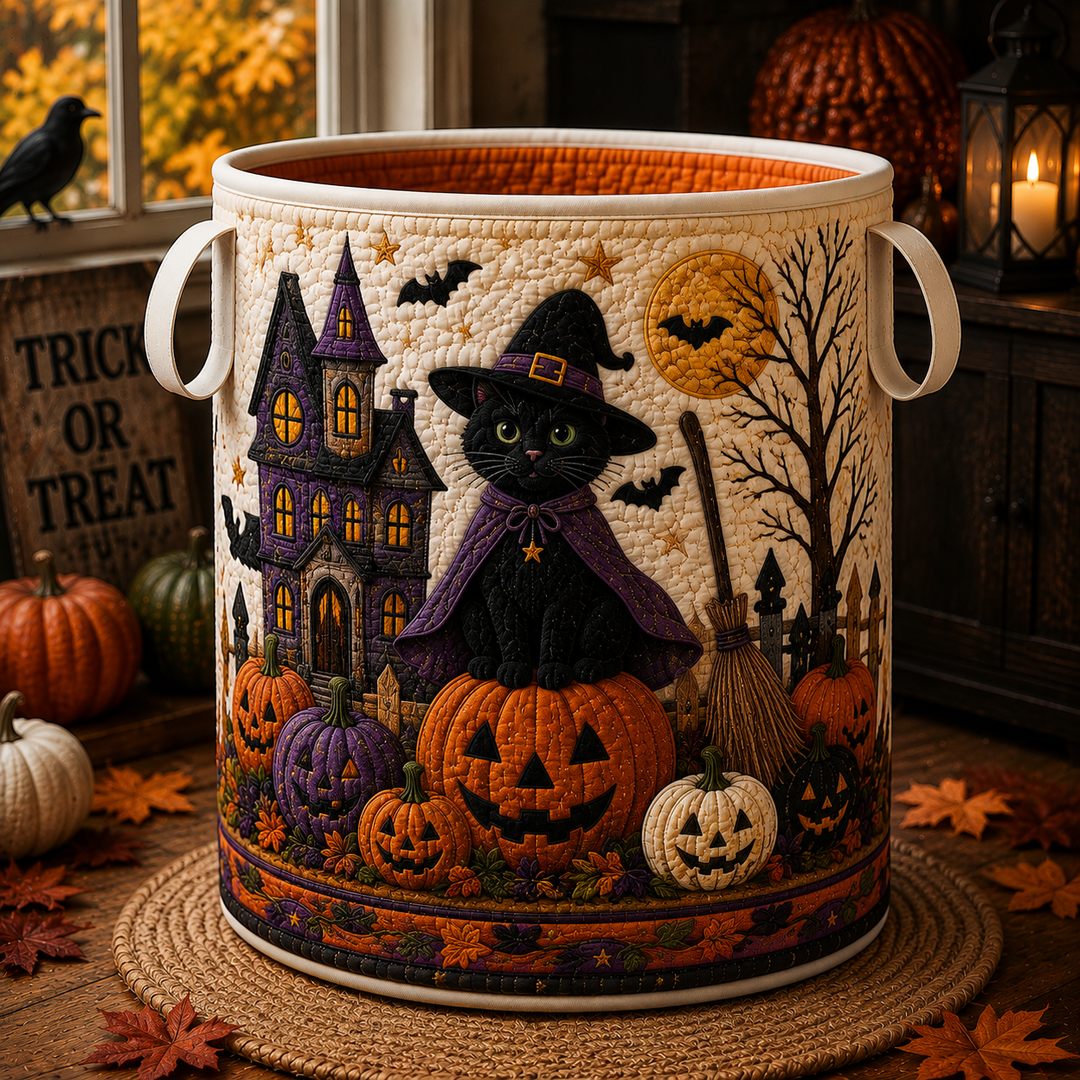 Quilted Laundry Basket – Witch Cat by the Haunted House