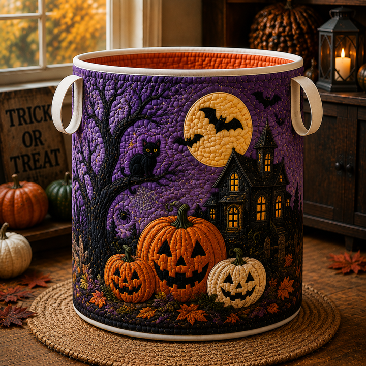 Quilted Laundry Basket – Black Cat on a Haunted Night