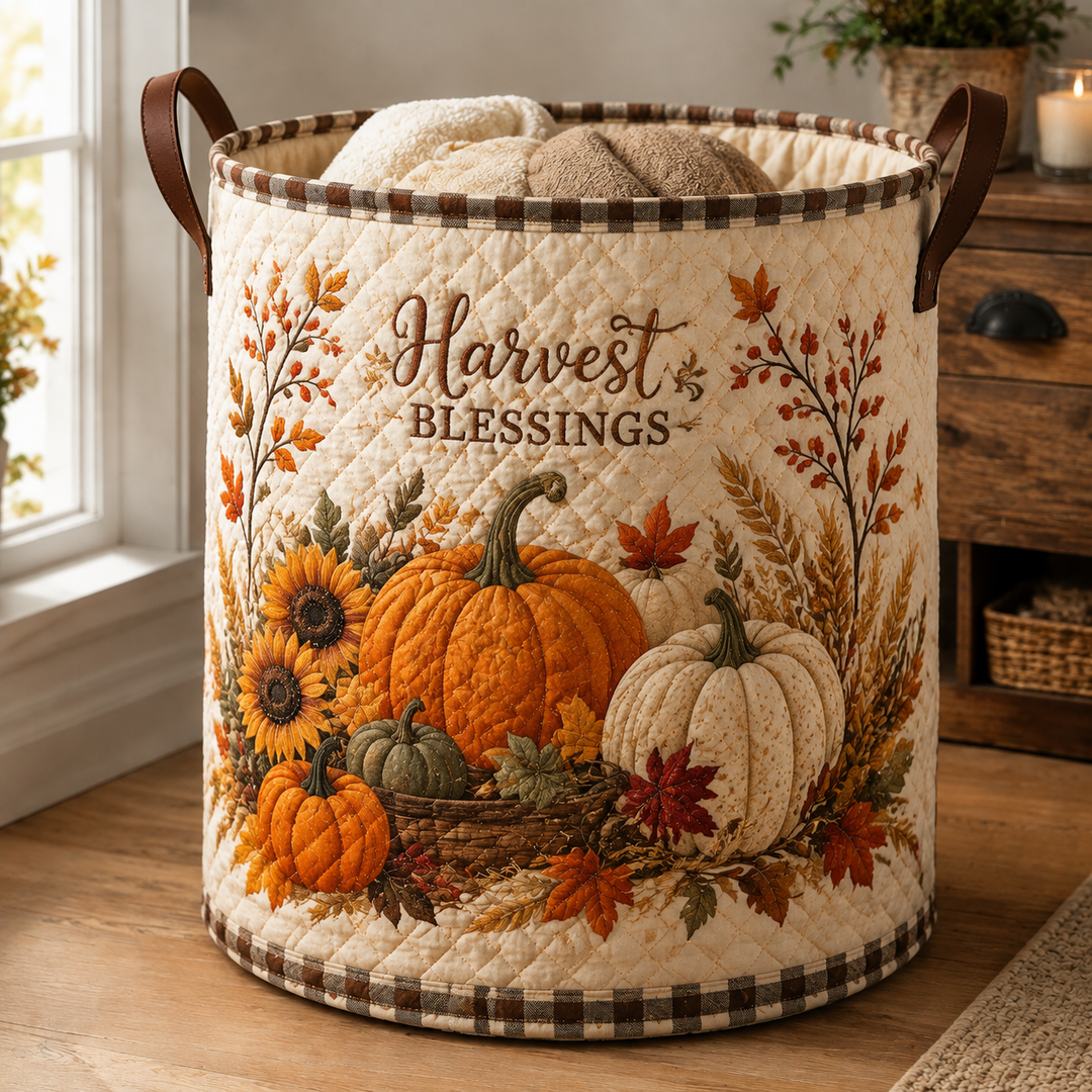 Quilted Laundry Basket – Pumpkins and Harvest Blessings
