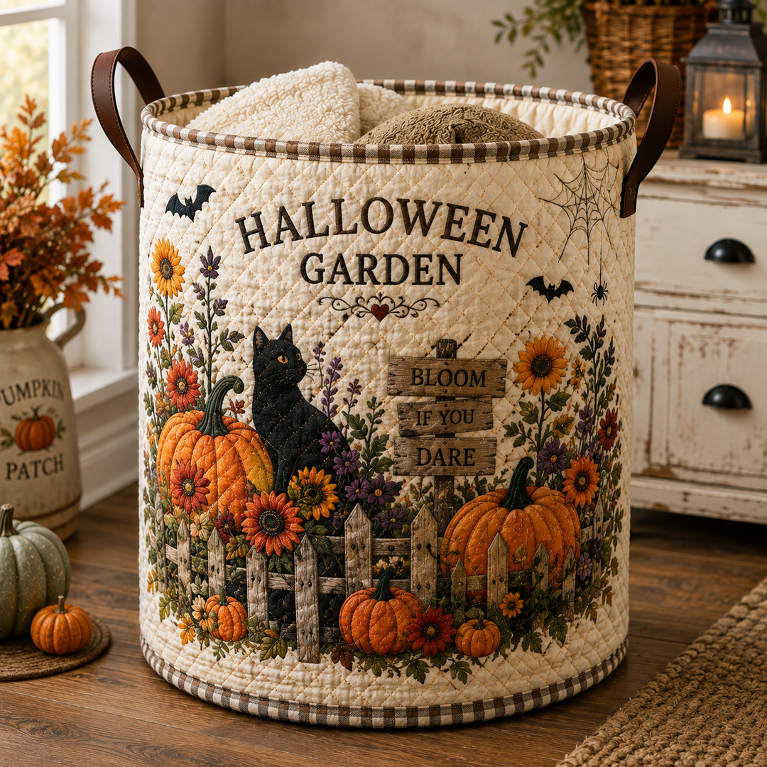 Quilted Laundry Basket – Cat in a Halloween Garden