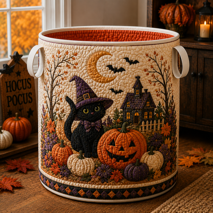 Quilted Laundry Basket – Black Witch Cat