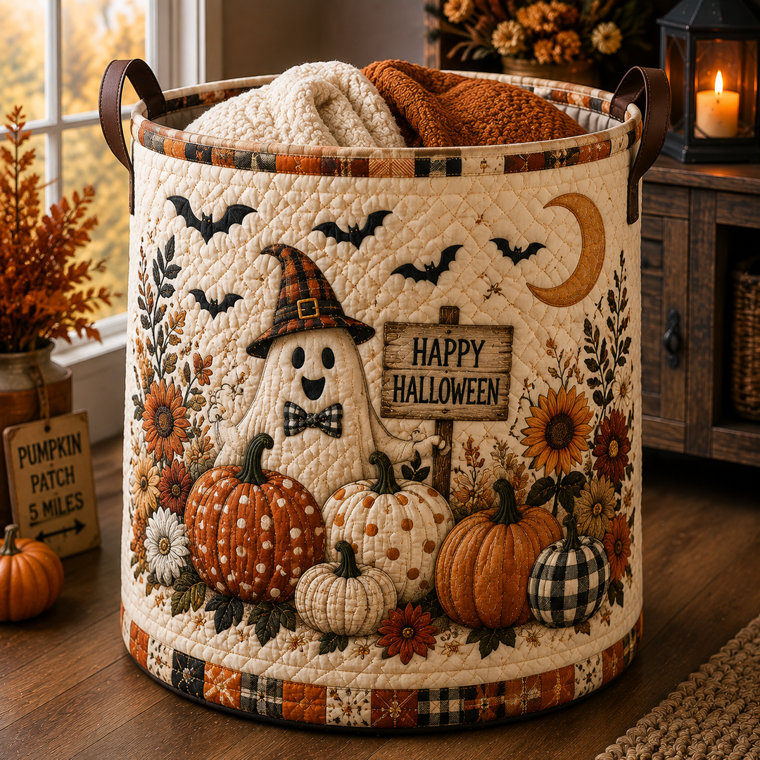 Quilted Laundry Basket – Ghosts in a Pumpkin Patch