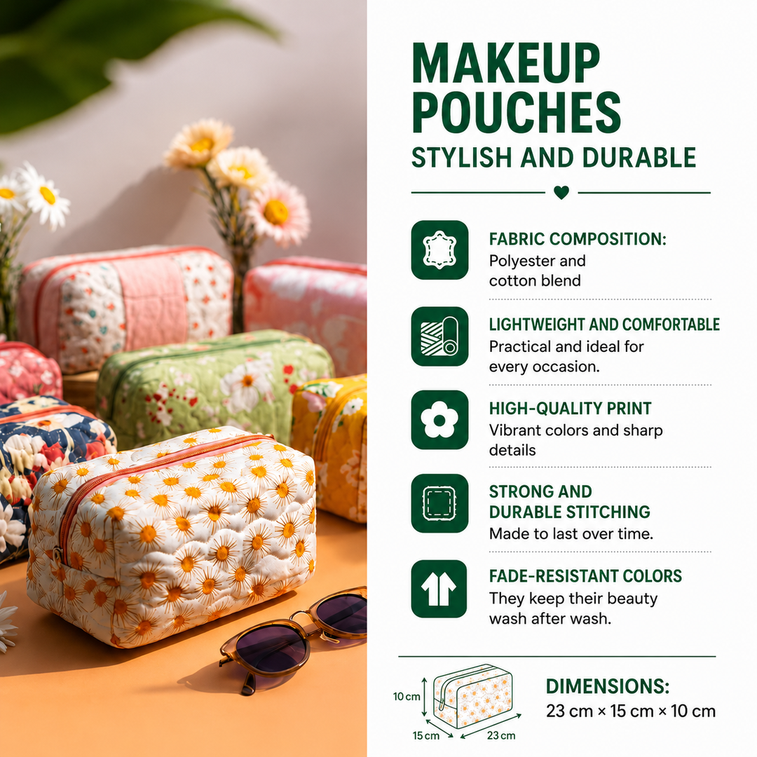 Quilted makeup bag features and fabric details – Louise London