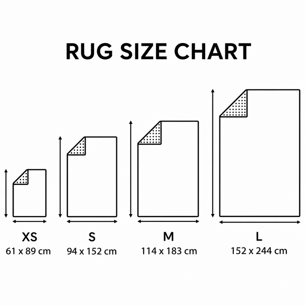 Rug size chart with XS, S, M and L dimensions
