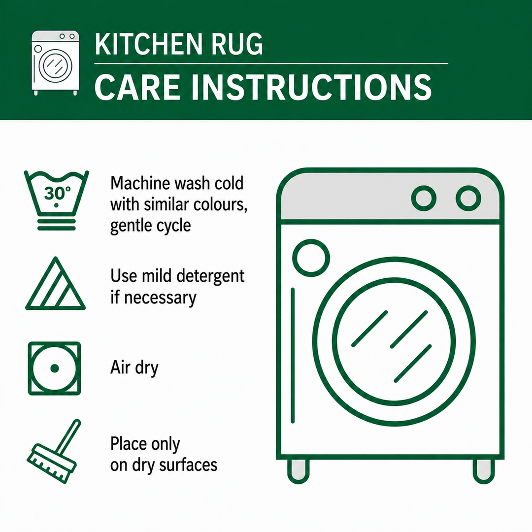 Non-slip kitchen rug with delicate shells – care and sizing information