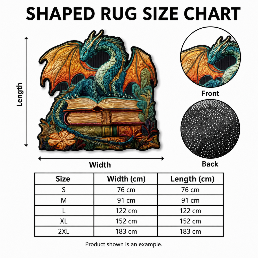 Shaped rug size chart with widths and lengths from 76 cm to 183 cm