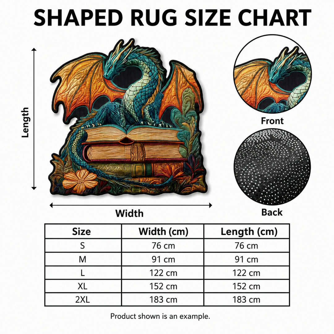 Shaped rug size chart with widths and lengths from 76 cm to 183 cm