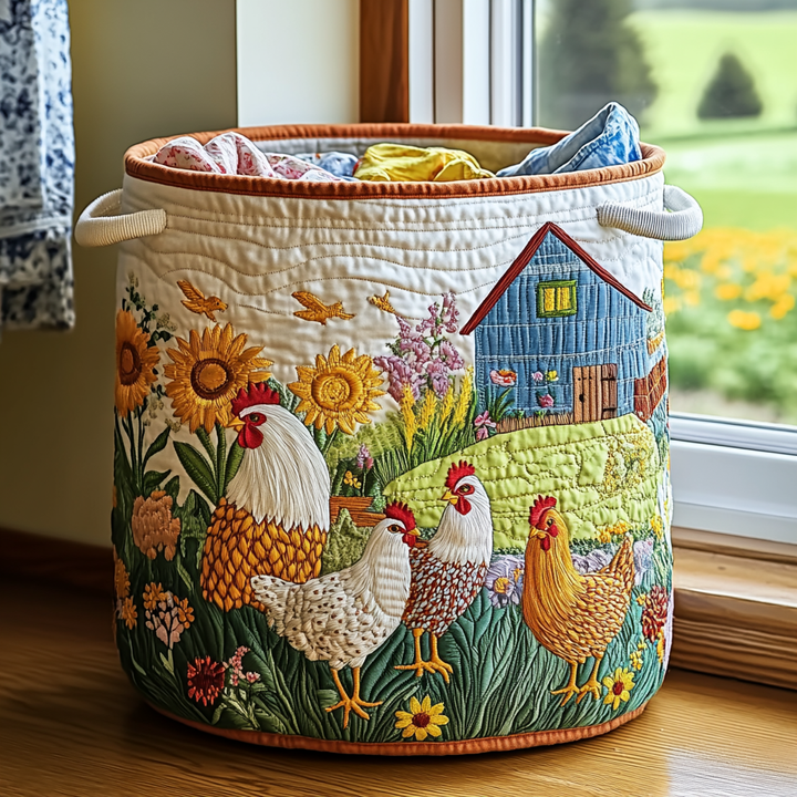 Quilted laundry basket with country chickens by Louise London