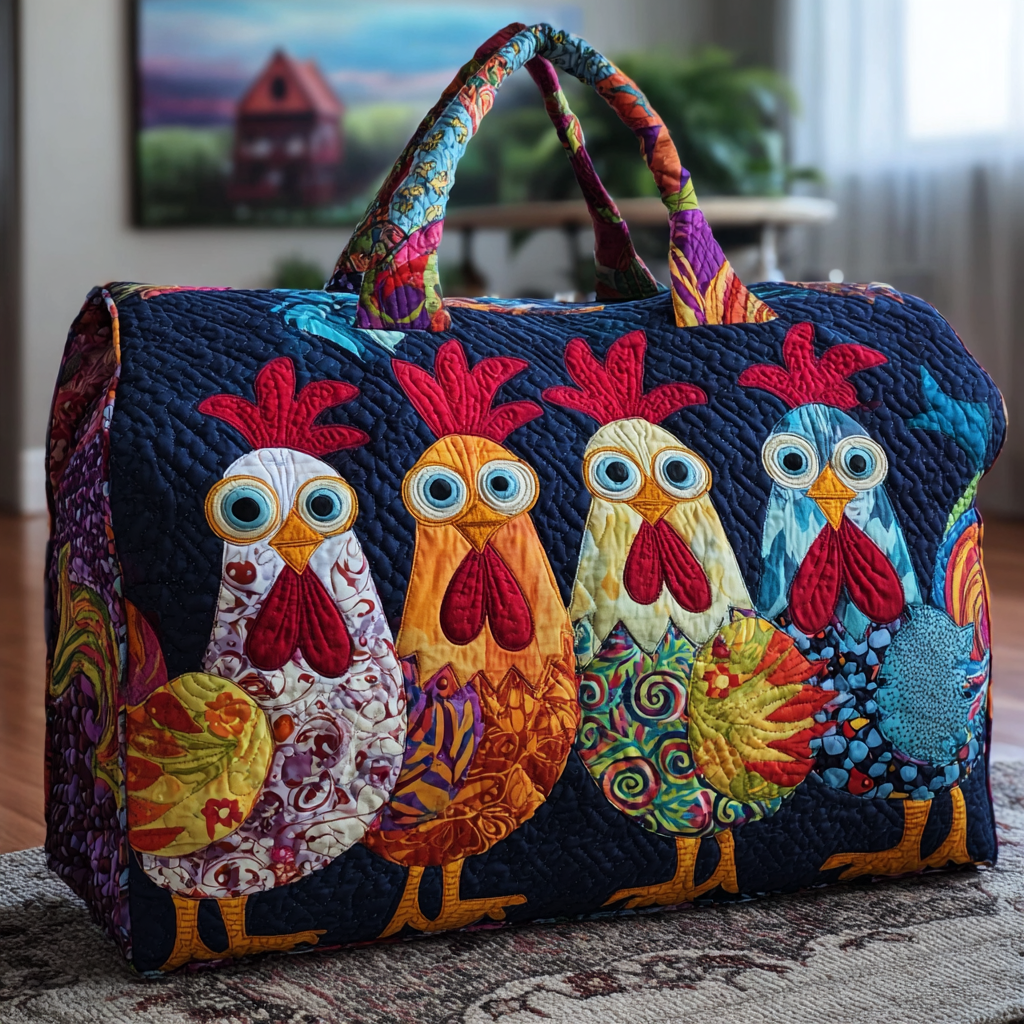 Quilted Travel Bag with Colourful Chickens by Louise London