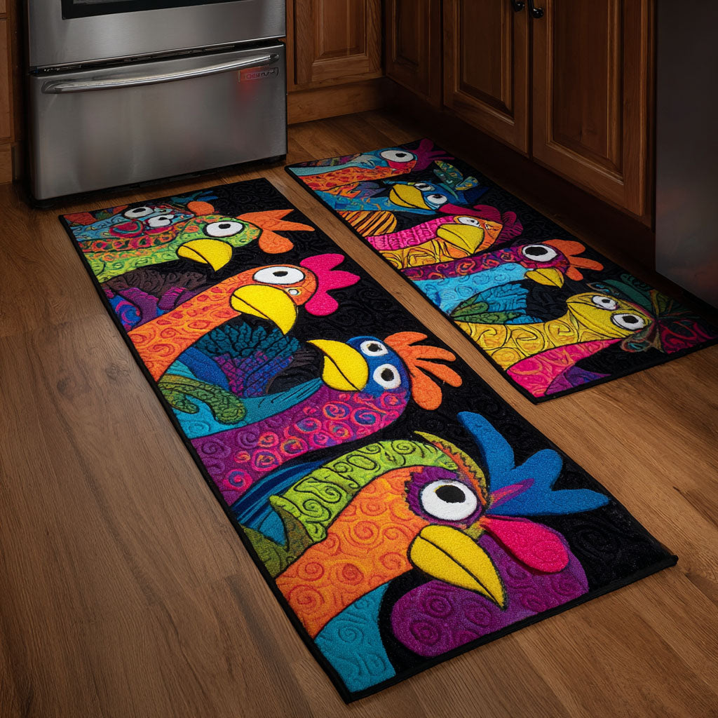 Non-slip kitchen rug with chickens and flowers by Louise London