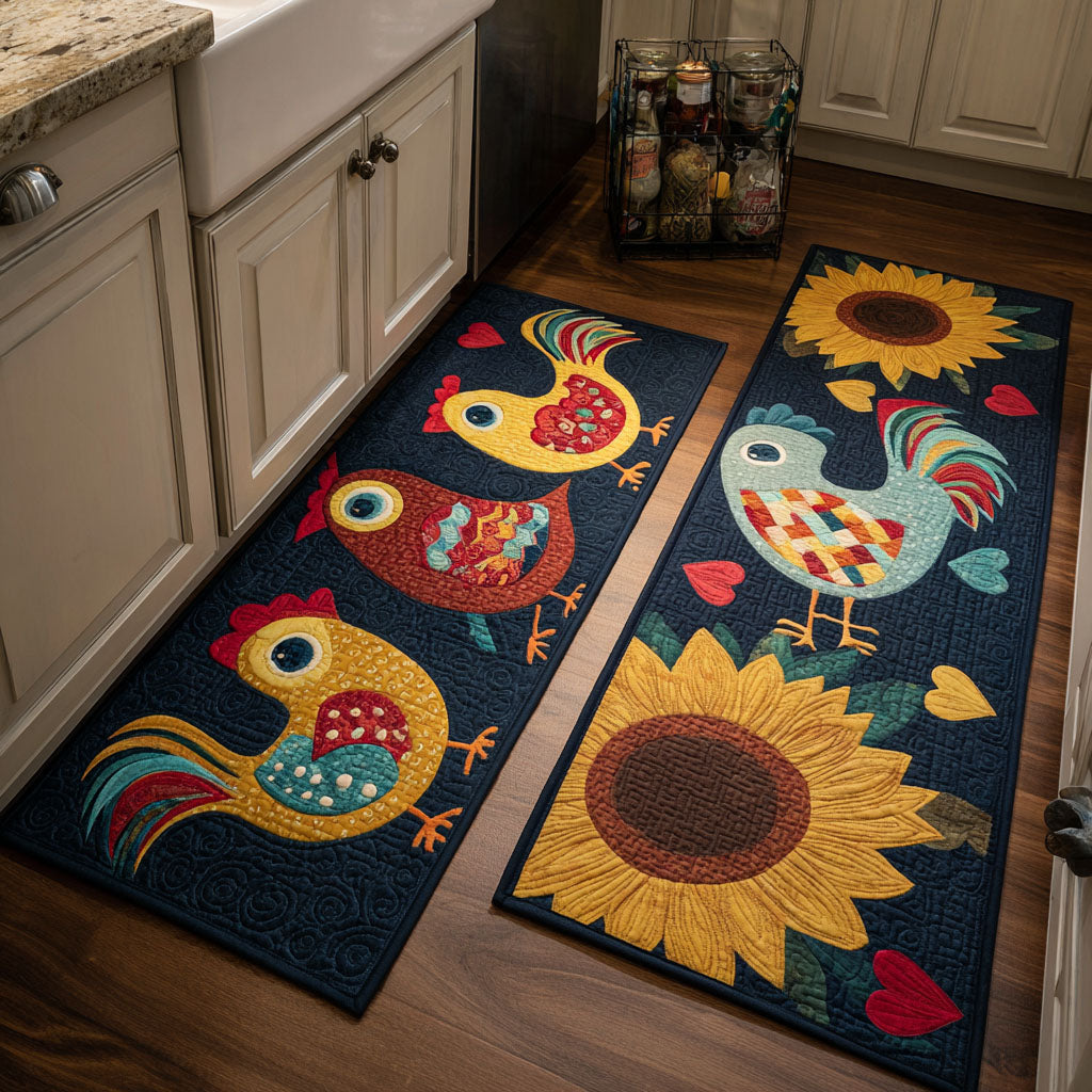 Non-slip kitchen rug with country-style chickens by Louise London