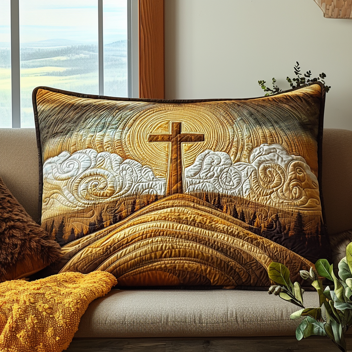 Quilted Pillow Cover with Christian Cross at Dawn by Louise London