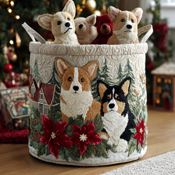 Quilted laundry basket with Christmas Corgi by Louise London