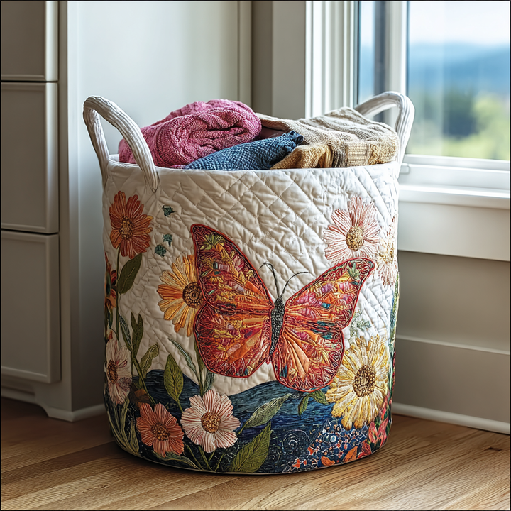Quilted laundry basket with colourful trim by Louise London