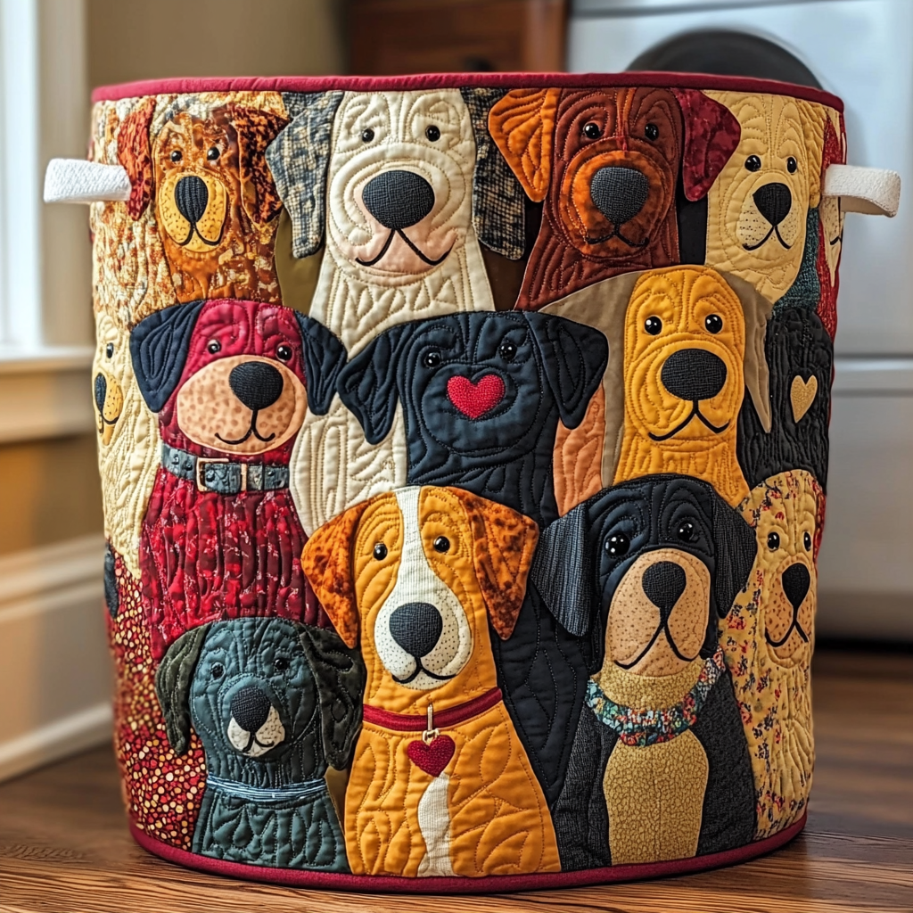 Quilted laundry basket with cheerful puppies by Louise London
