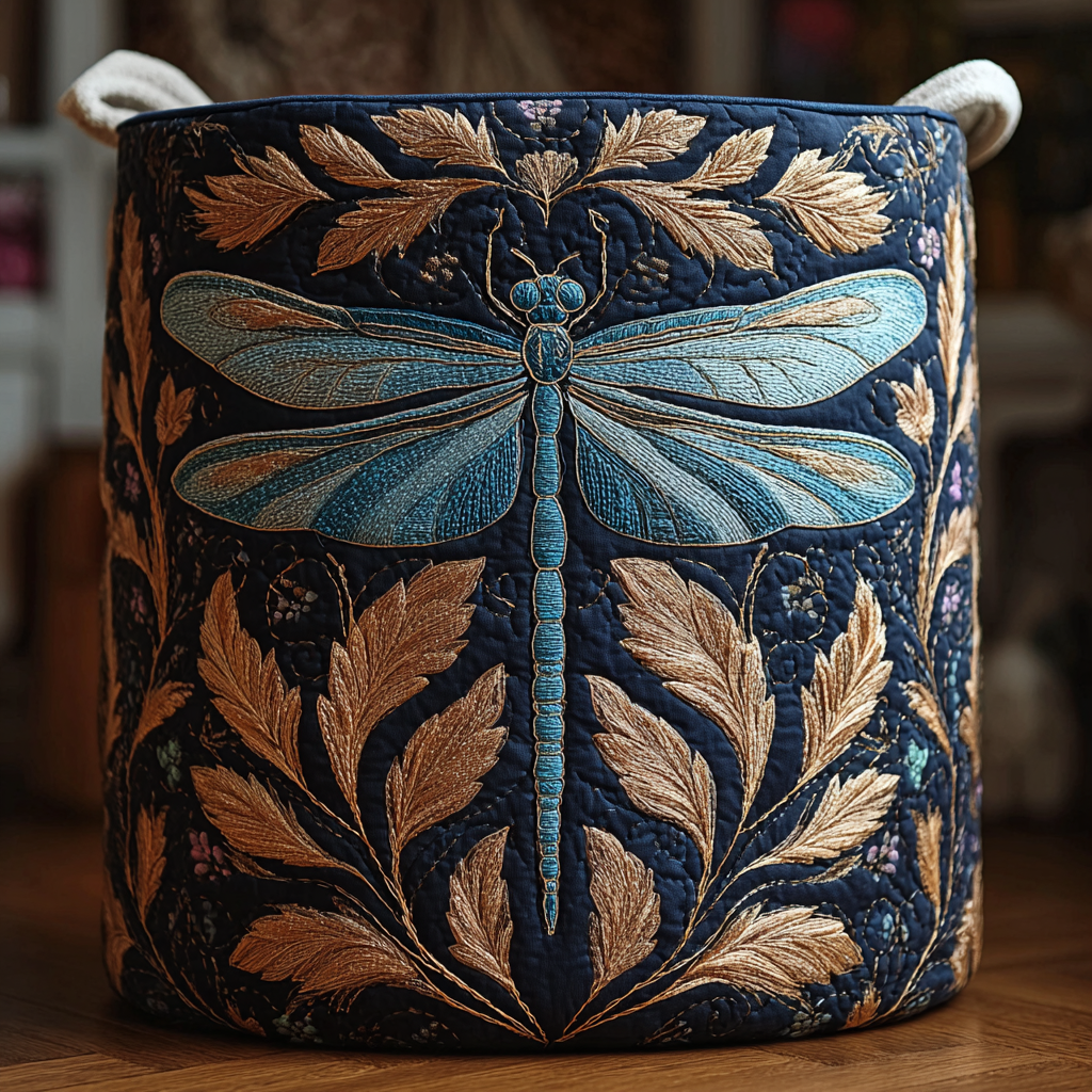 Quilted laundry basket with dragonflies by Louise London