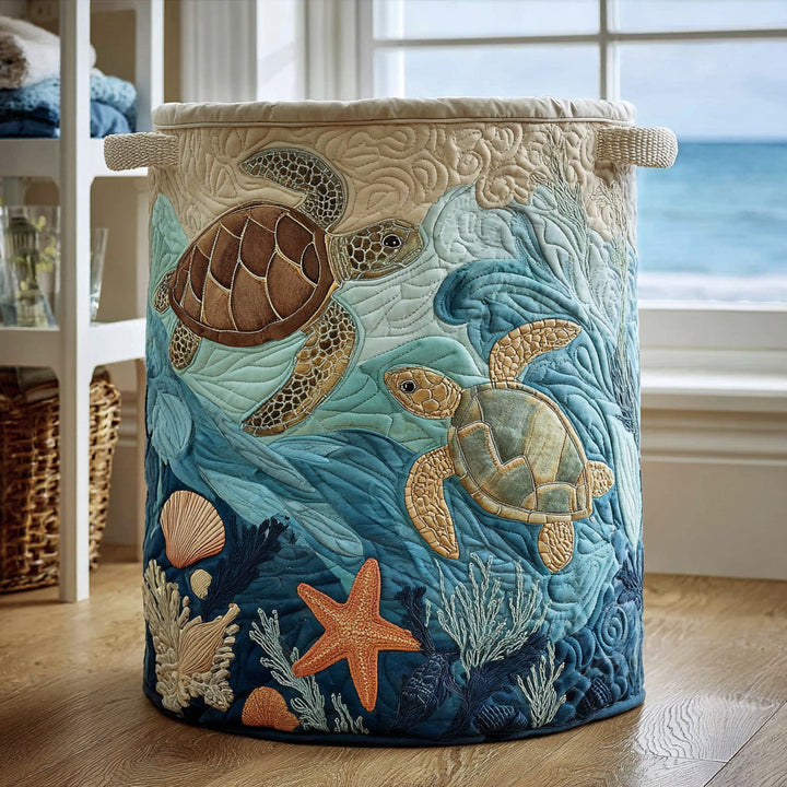Quilted laundry basket with sea turtle