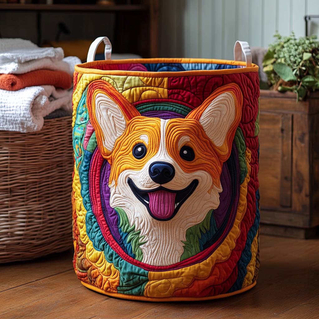 Quilted laundry basket with Corgi by Louise London