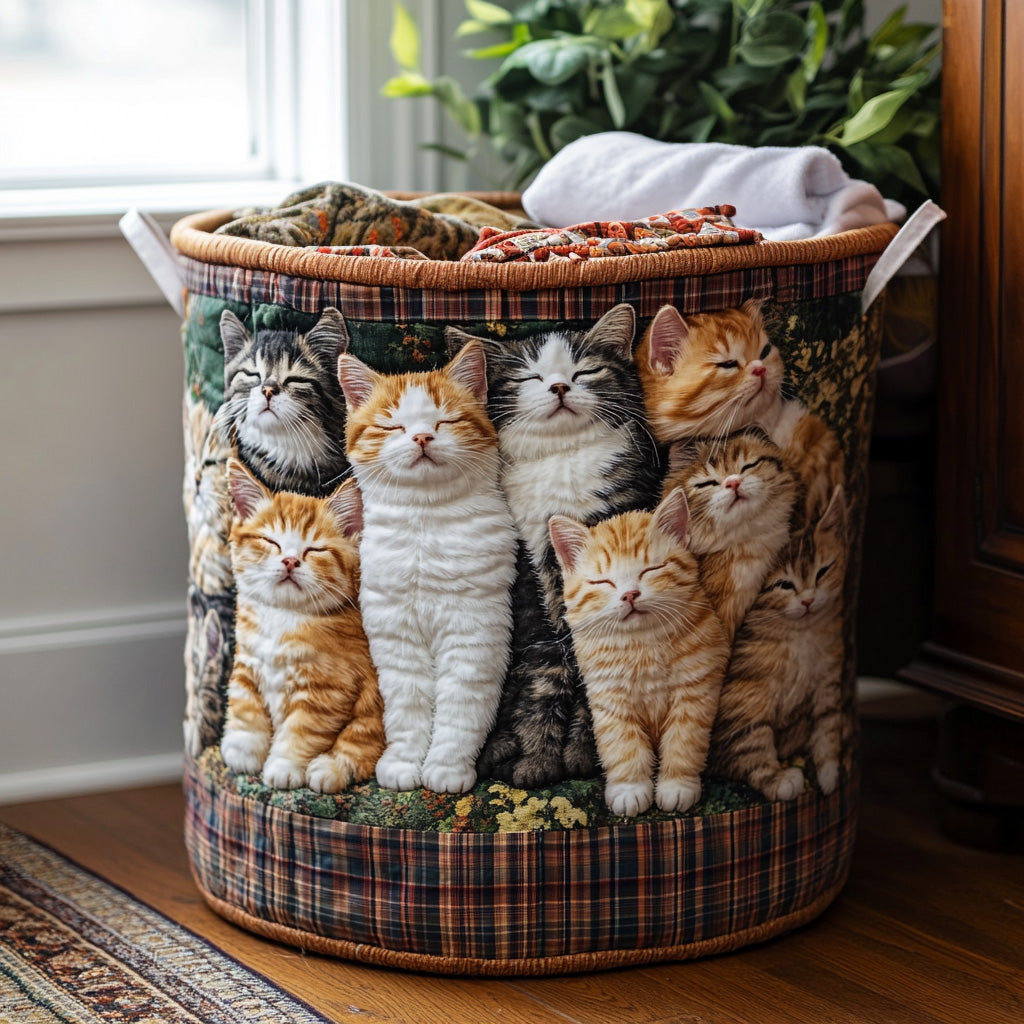 Quilted laundry basket with cosy cat by Louise London