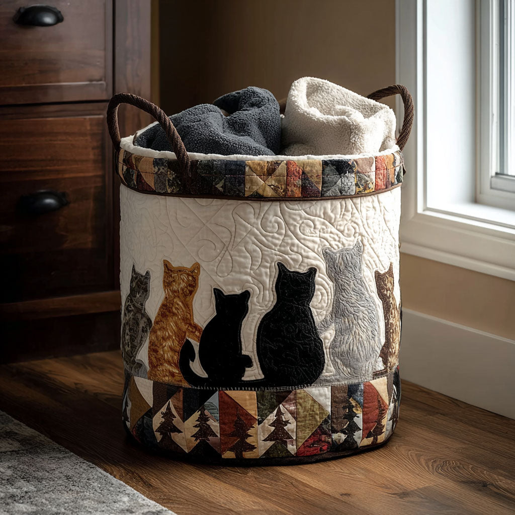 Quilted laundry basket with cosy cat by Louise London