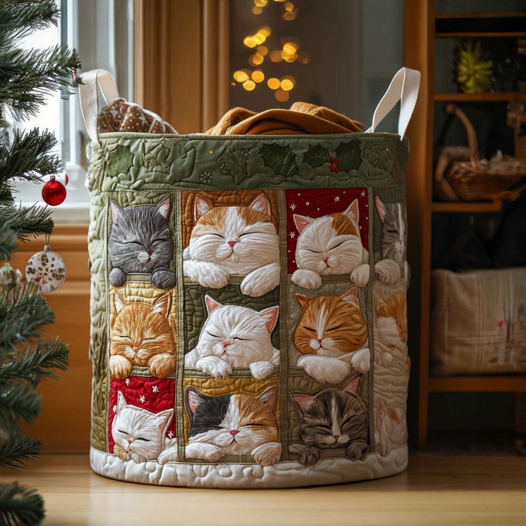 Quilted laundry basket with cosy cat by Louise London