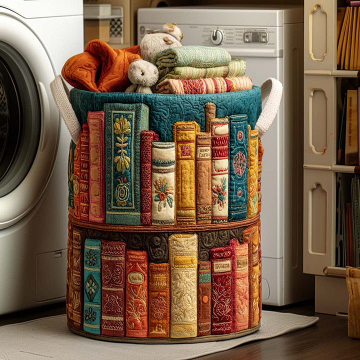 Padded laundry basket with literary pattern by Louise London