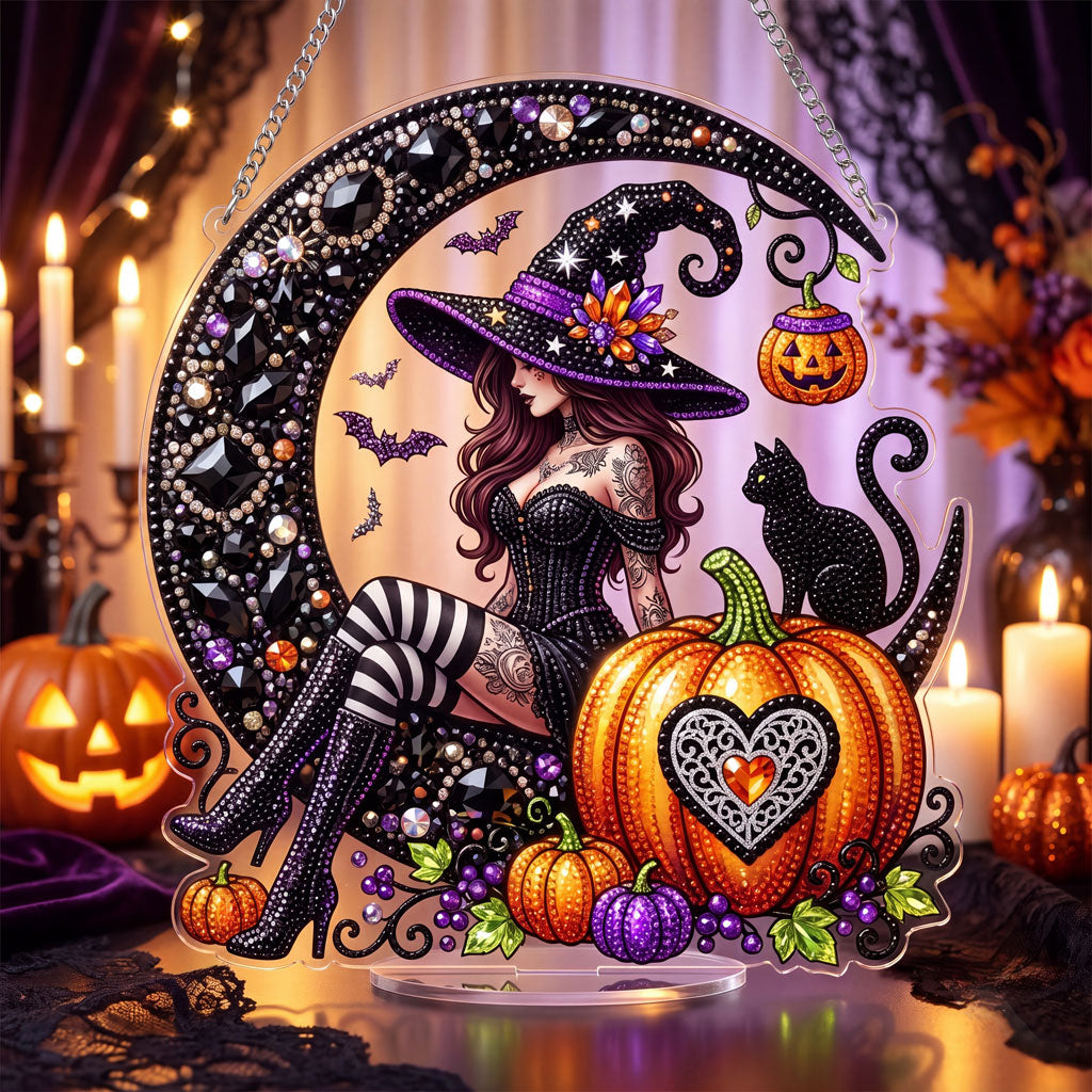 🔥HOT SALE 70% OFF - 🎃✨ Halloween Diamond Art Ornament Kit – Sparkling DIY Window Hanging Decor – 🧙‍♀️🌙 Crescent Moon Witch