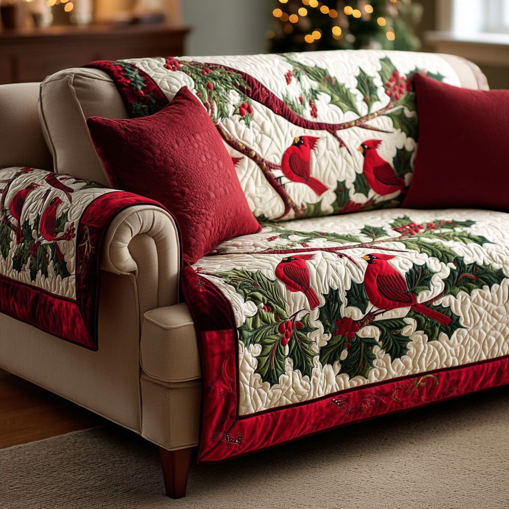 Quilted sofa cover with crimson cardinals – Louise London