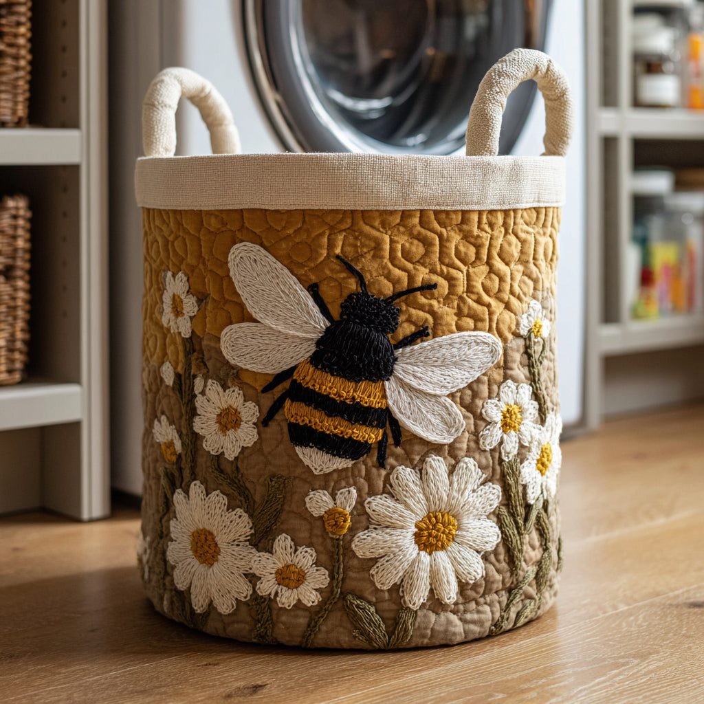 Quilted laundry basket with bees and flowers by Louise London