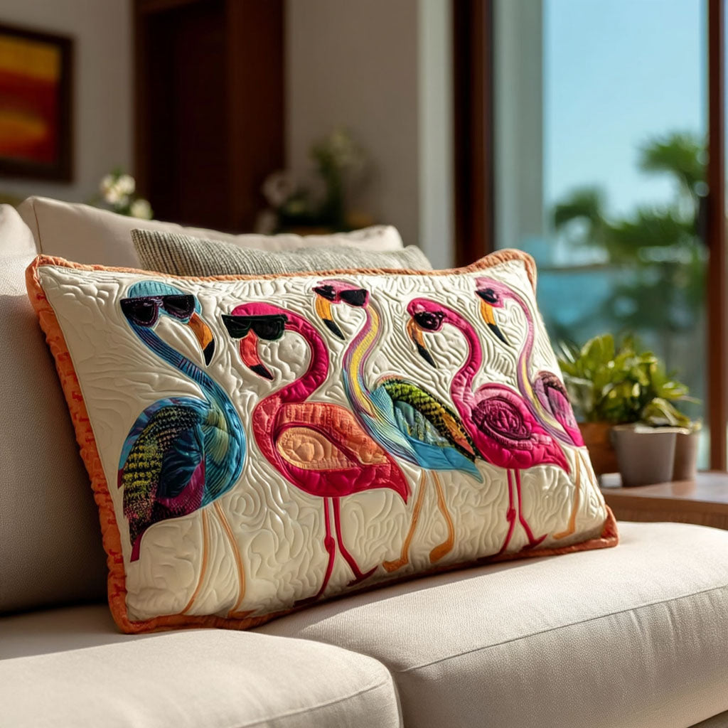 Quilted pillow cover with dancing flamingo by Louise London