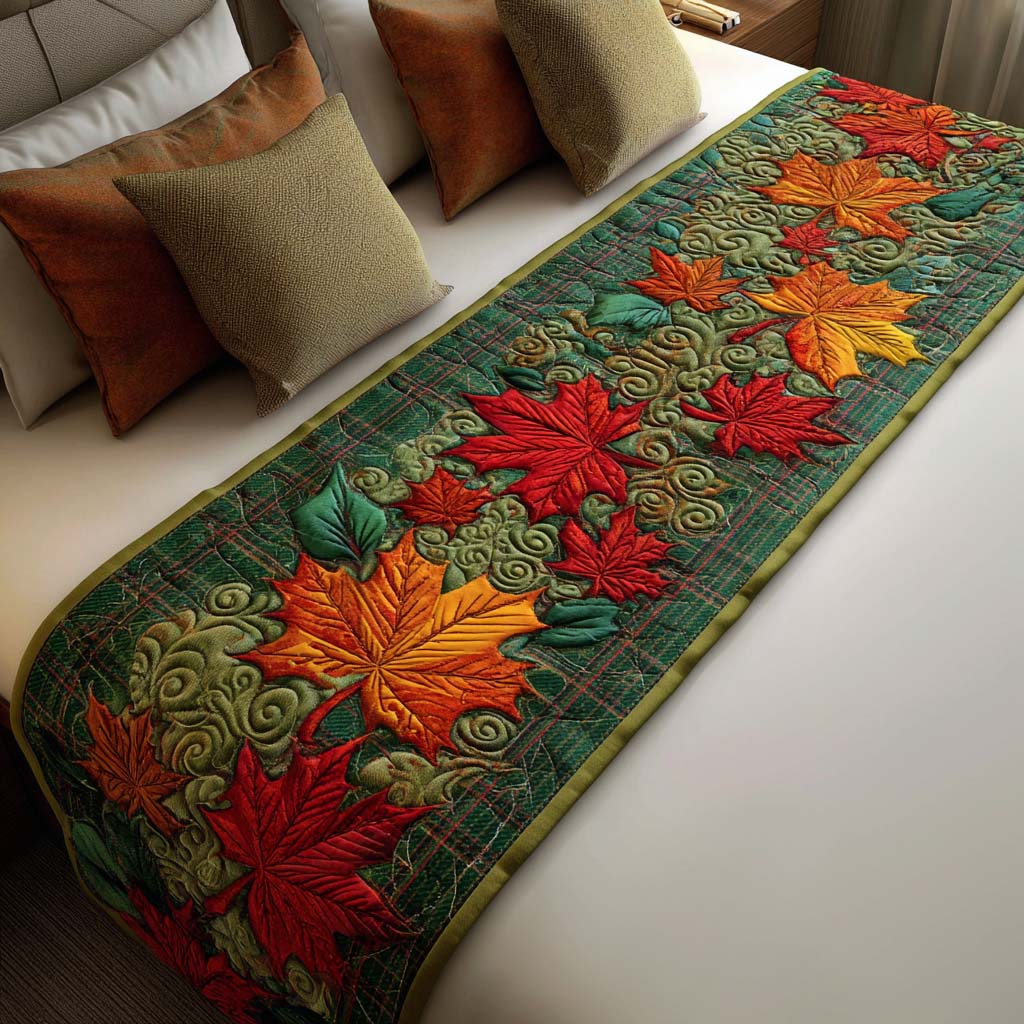 Dancing Maple Leaves quilted bed runner by Louise London