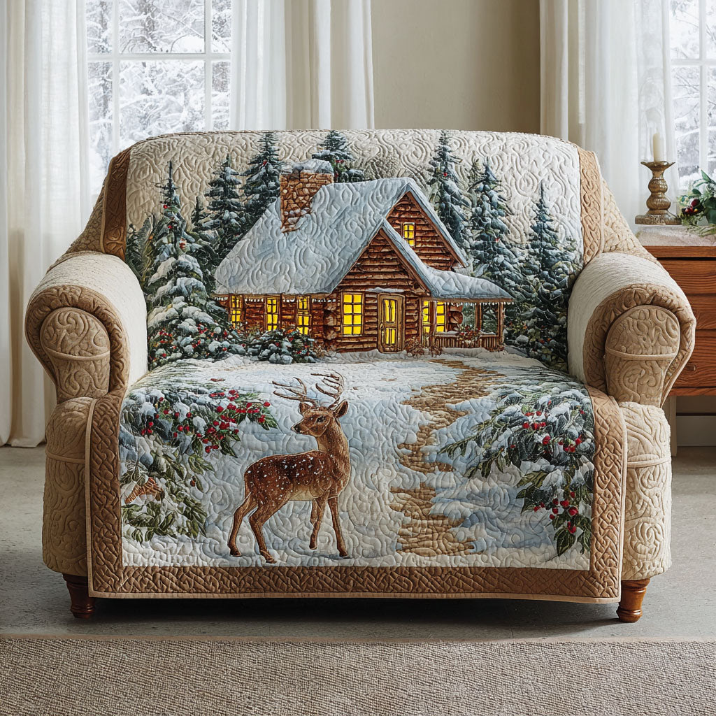 Quilted sofa cover with winter lodge