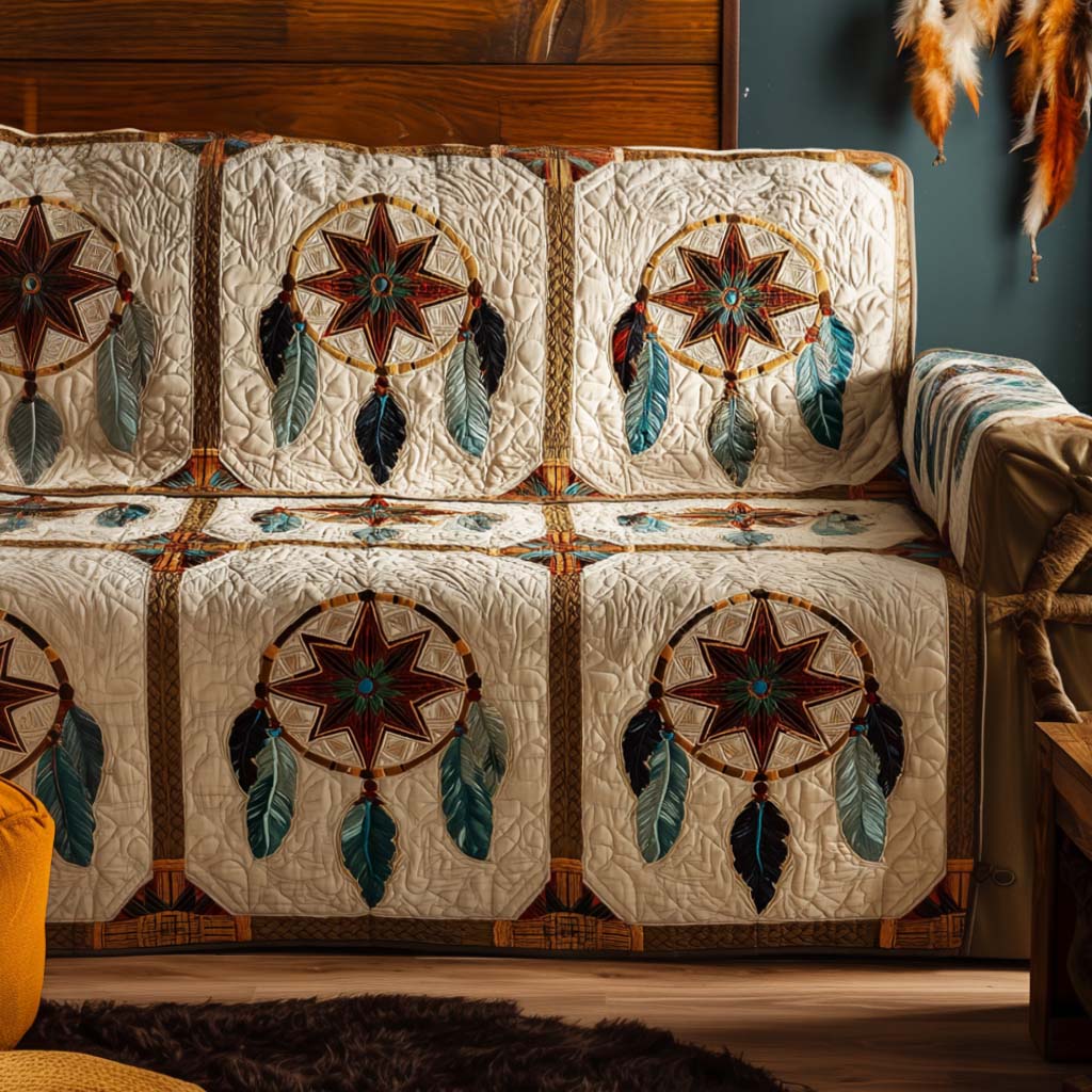 Quilted sofa cover with decorative pattern
