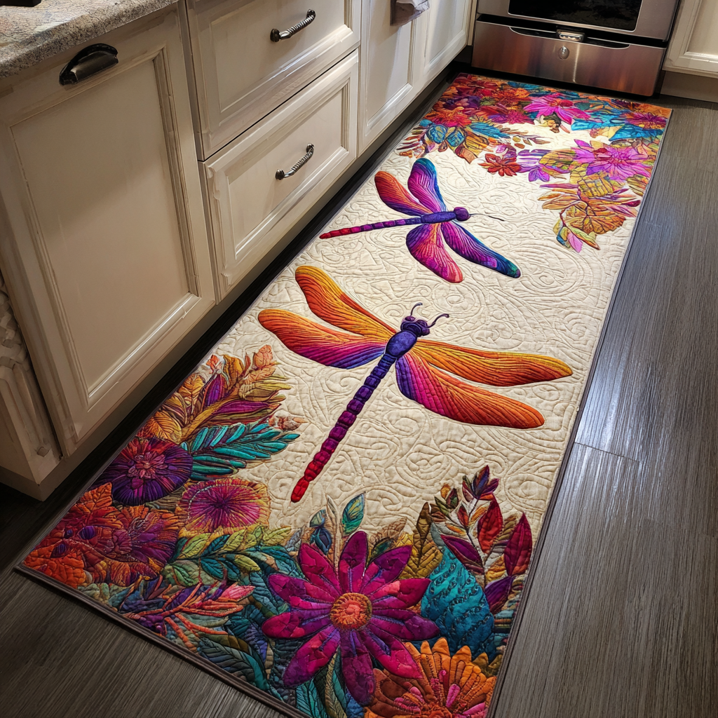 Non-slip kitchen rug with delicate dragonfly by Louise London
