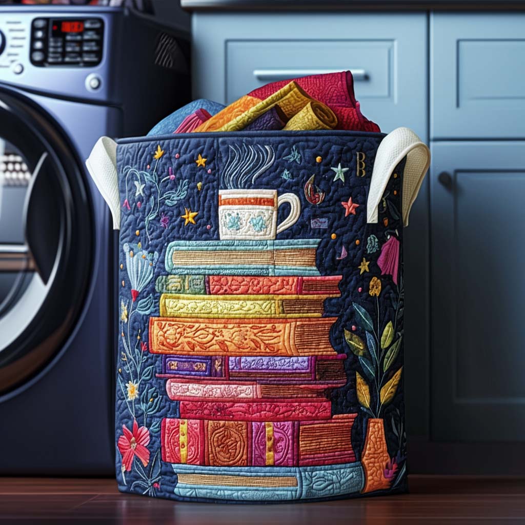 Quilted laundry basket with literary pattern by Louise London
