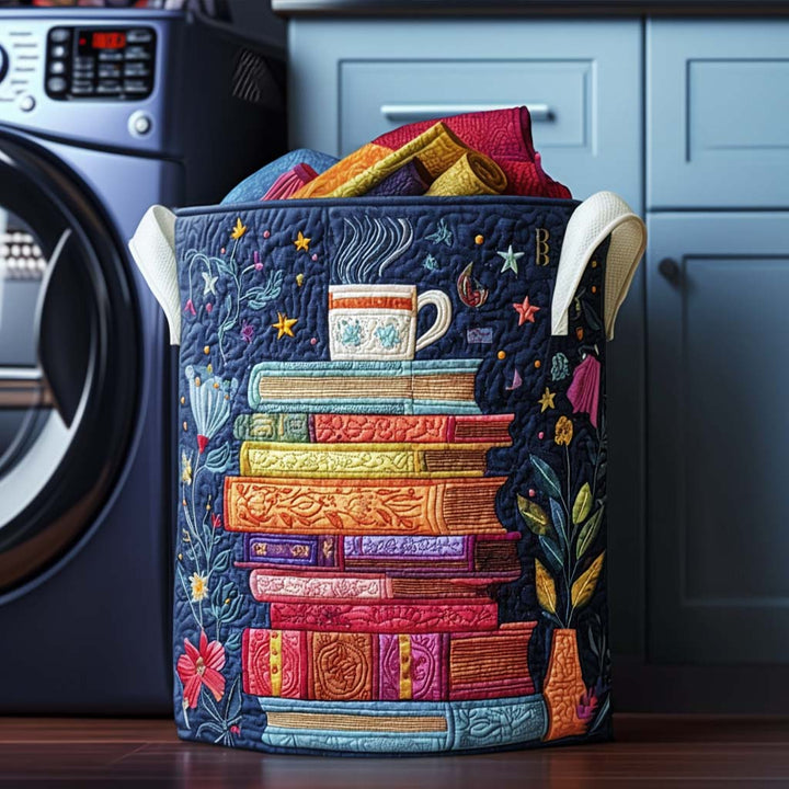 Quilted laundry basket with literary pattern by Louise London