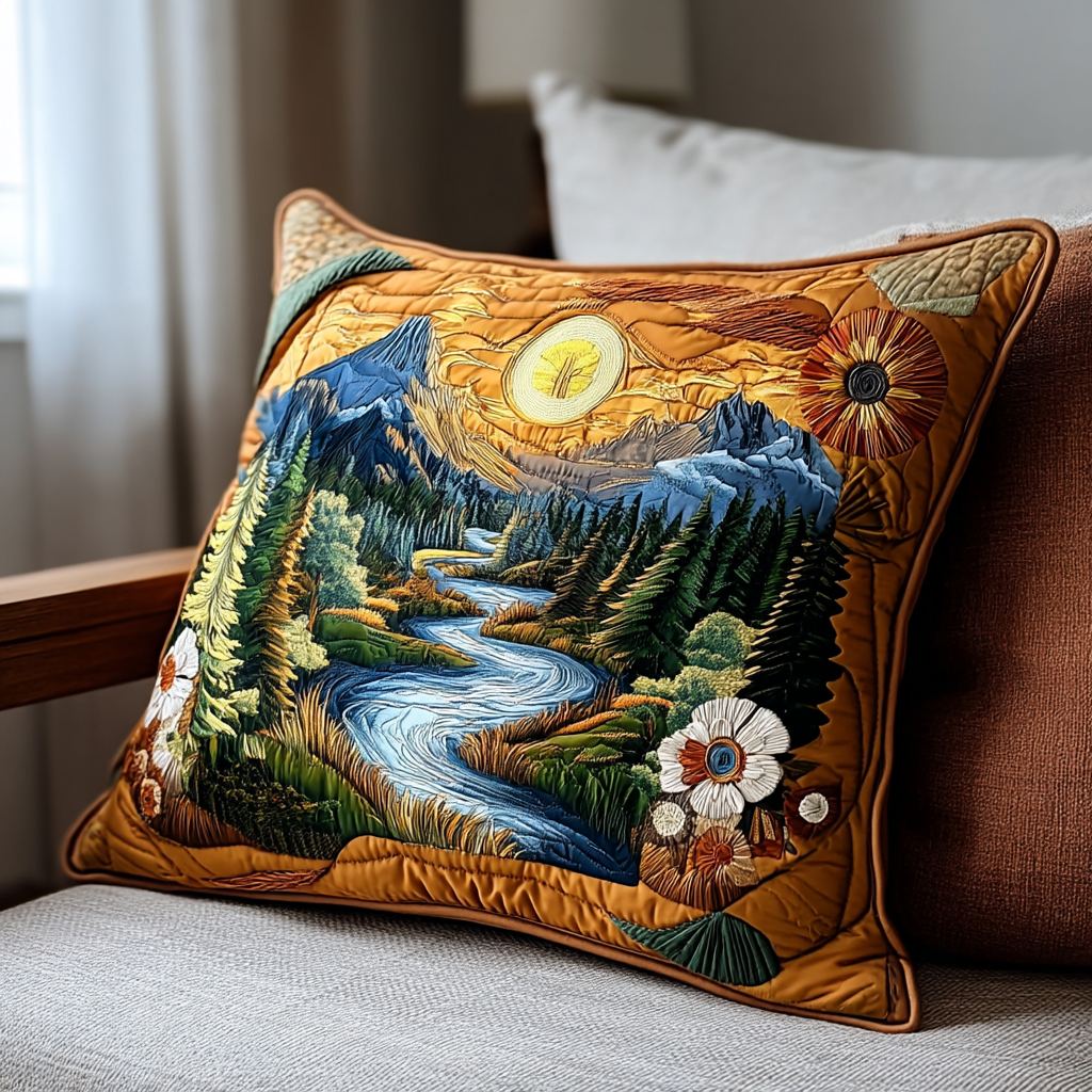 Quilted pillow cover with sunset crest by Louise London