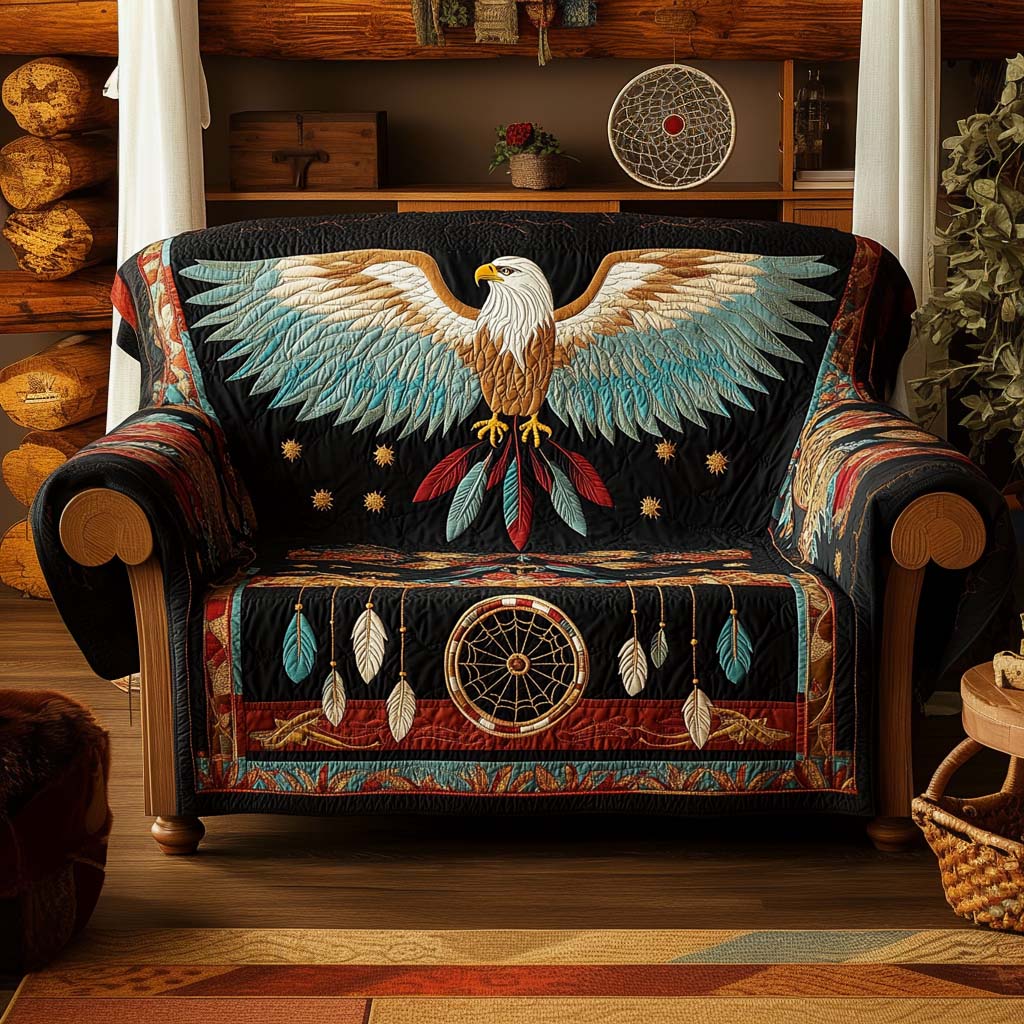 Quilted sofa cover with decorative pattern