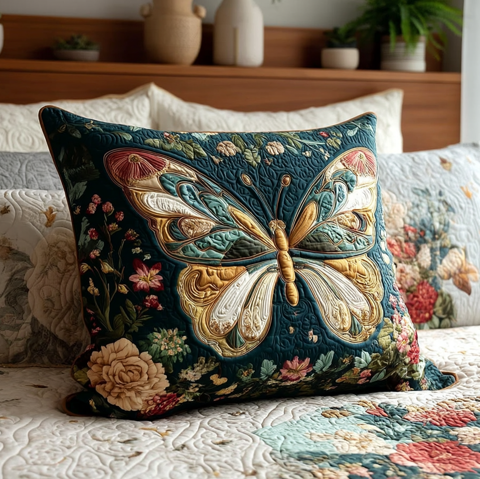 Quilted cushion cover with emerald butterfly and flowers by Louise London