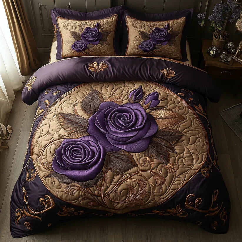 Quilted 3-Piece Bedding Set - Pink Purple