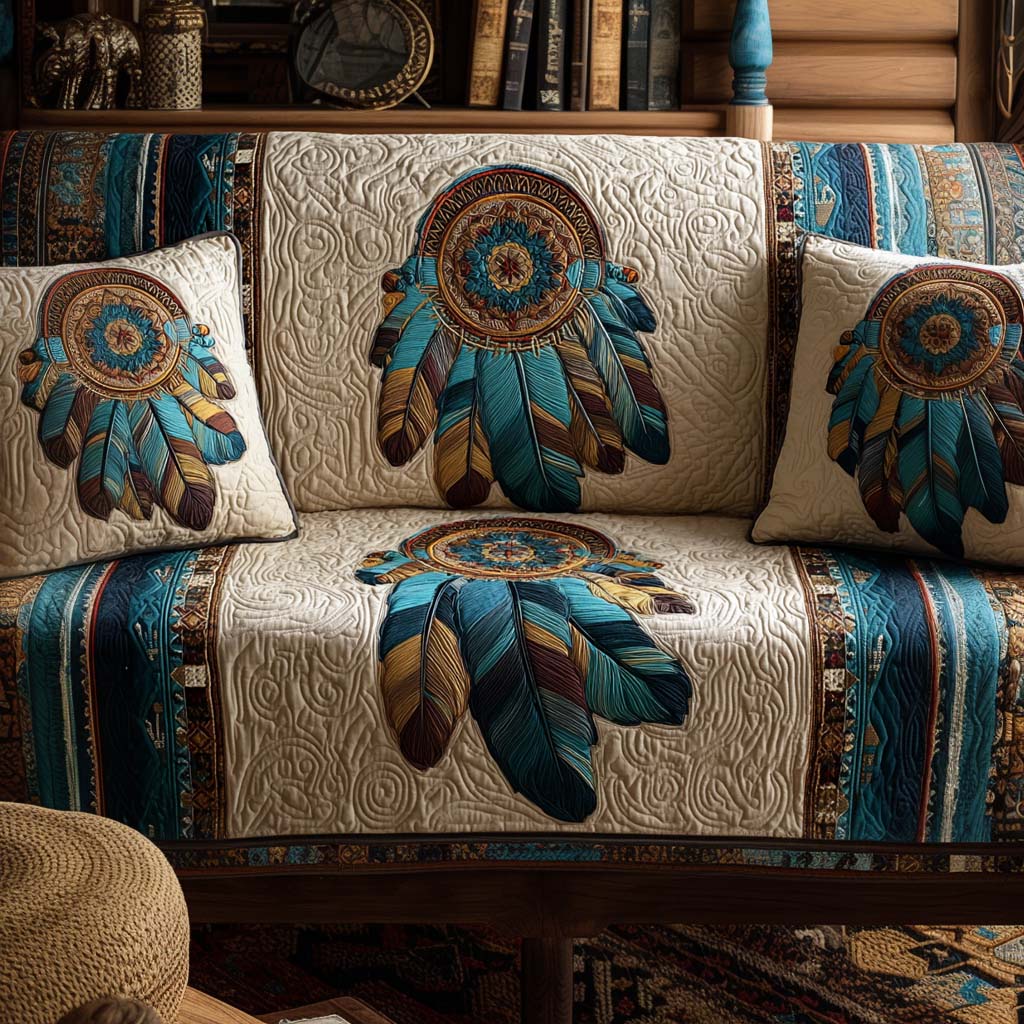 Quilted sofa cover with decorative pattern