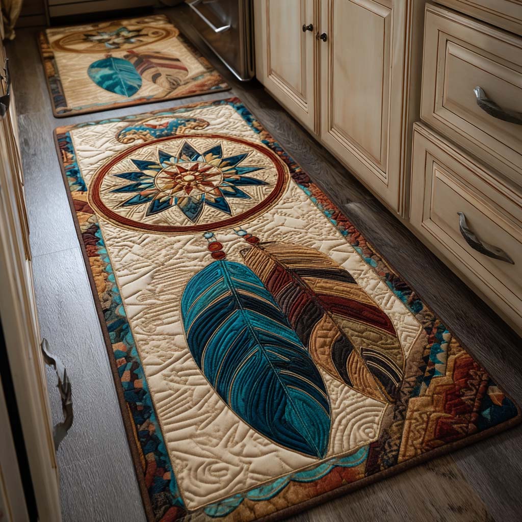 Non-slip kitchen rug with dreamy feathers by Louise London