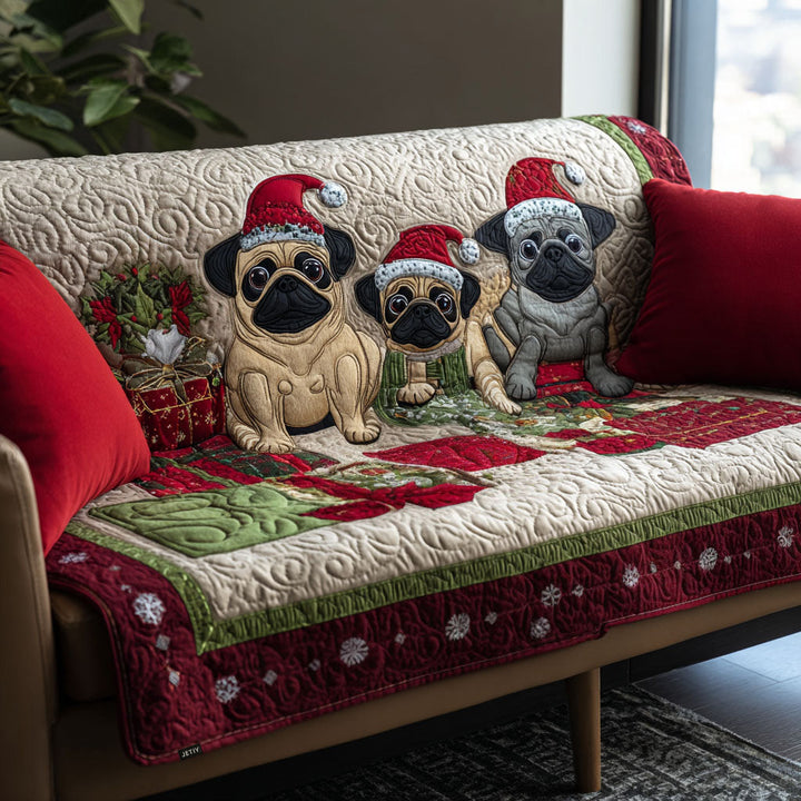 Quilted sofa cover with trio of festive pugs – Louise London
