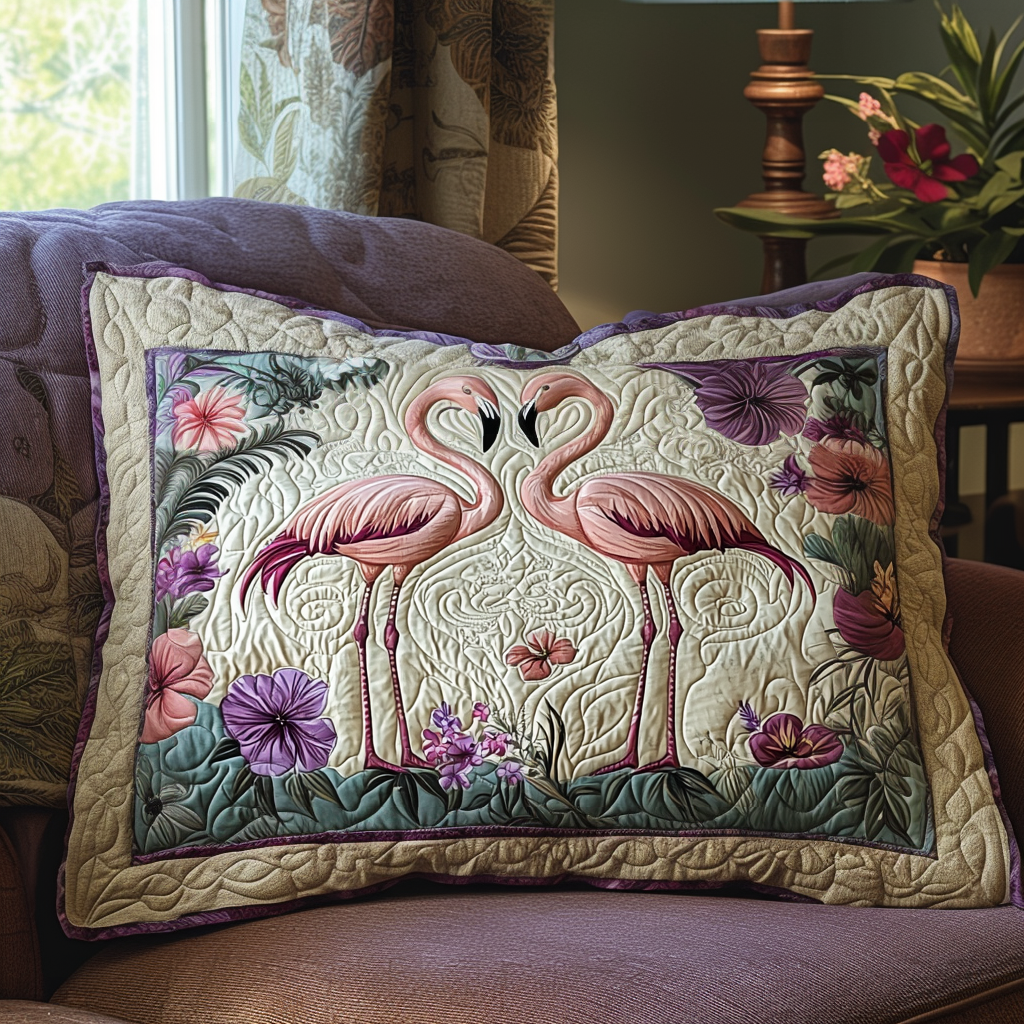 Quilted cushion cover with a pair of flamingos NCU0DV6343